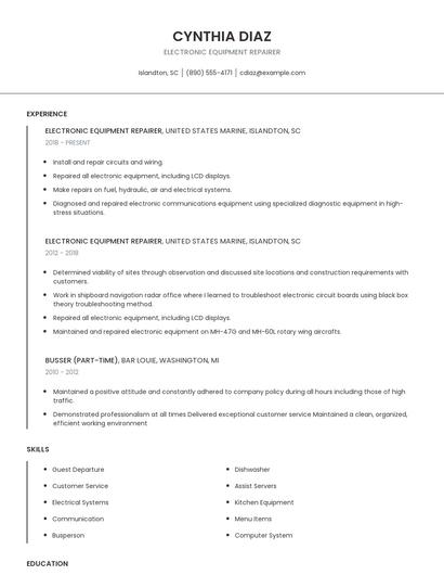 Electronic Equipment Repairer Resume