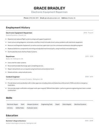 Electronic Equipment Repairmen Resume