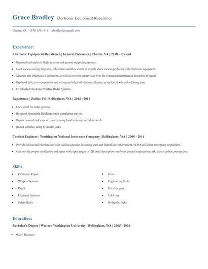 Electronic Equipment Repairmen Resume