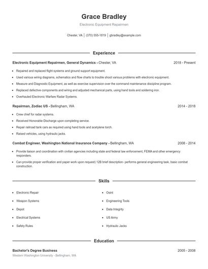 Electronic Equipment Repairmen Resume
