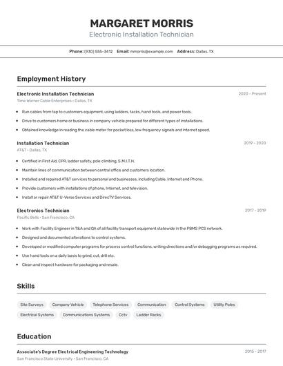 Electronic Installation Technician Resume