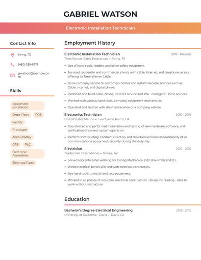 Electronic Installation Technician Resume