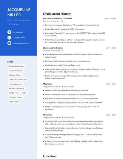 Electronic Installation Technician Resume