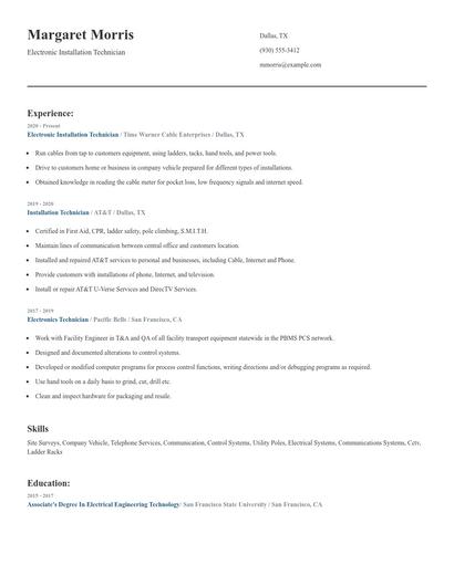 Electronic Installation Technician Resume