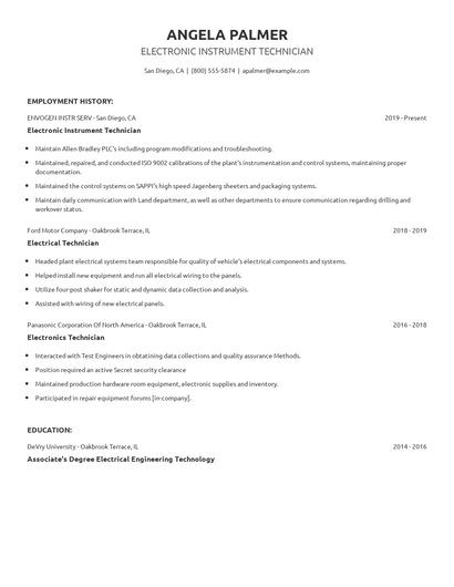 Electronic Instrument Technician Resume