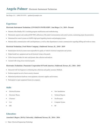 Electronic Instrument Technician Resume