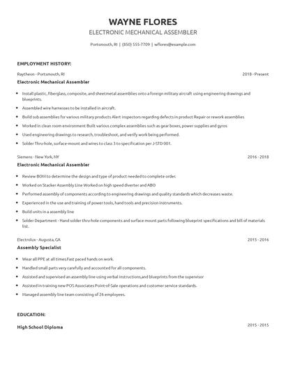 Electronic Mechanical Assembler Resume