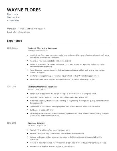 Electronic Mechanical Assembler Resume