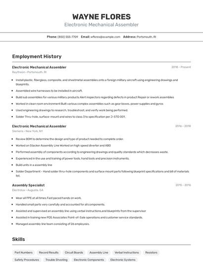 Electronic Mechanical Assembler Resume