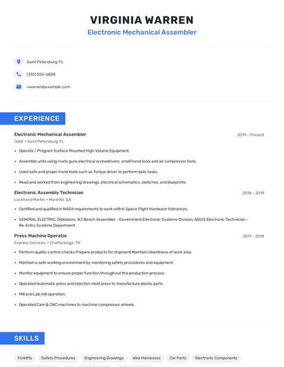 Electronic Mechanical Assembler Resume