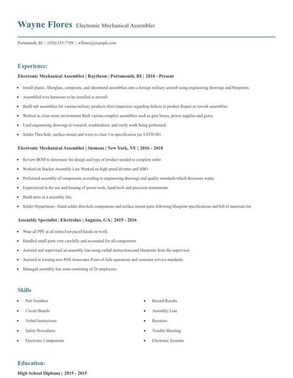 Electronic Mechanical Assembler Resume