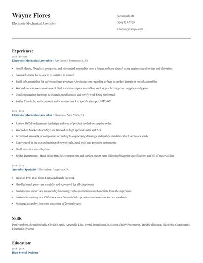 Electronic Mechanical Assembler Resume