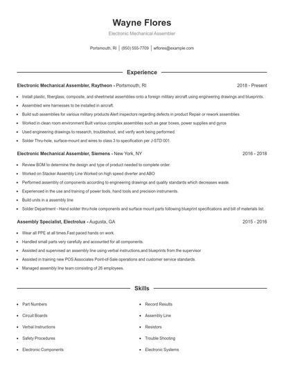 Electronic Mechanical Assembler Resume