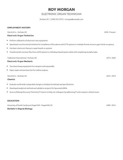 Electronic Organ Technician Resume