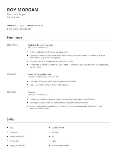 Electronic Organ Technician Resume