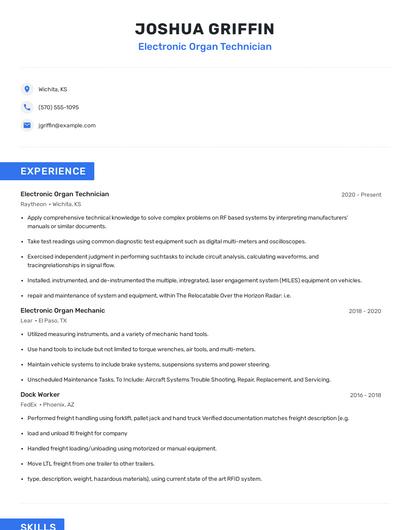 Electronic Organ Technician Resume