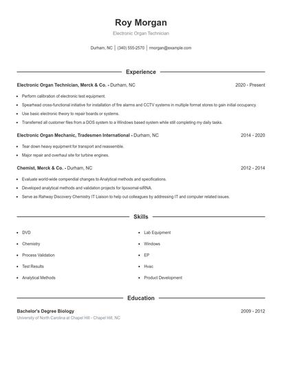 Electronic Organ Technician Resume