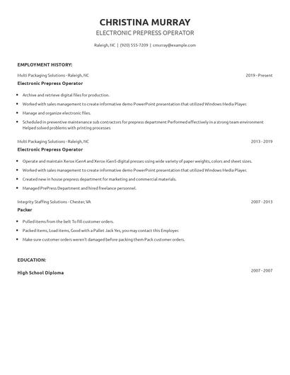 Electronic Prepress Operator Resume