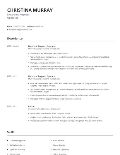 Electronic Prepress Operator Resume