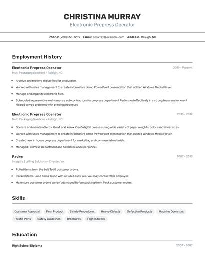 Electronic Prepress Operator Resume