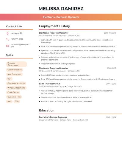 Electronic Prepress Operator Resume