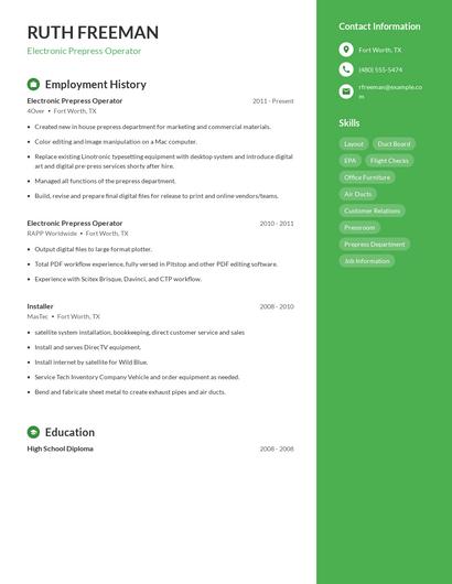 Electronic Prepress Operator Resume