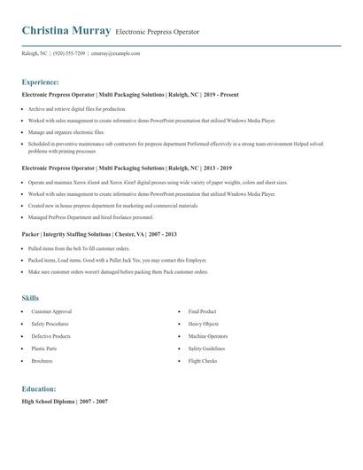 Electronic Prepress Operator Resume
