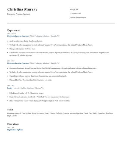 Electronic Prepress Operator Resume