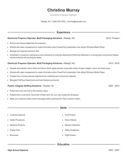 Electronic Prepress Operator Resume