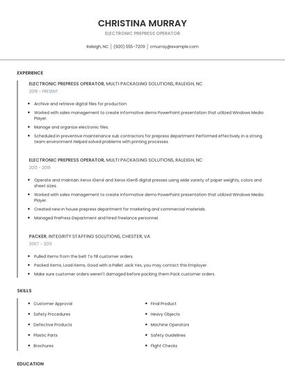 Electronic Prepress Operator Resume