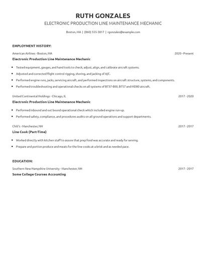 Electronic Production Line Maintenance Mechanic Resume