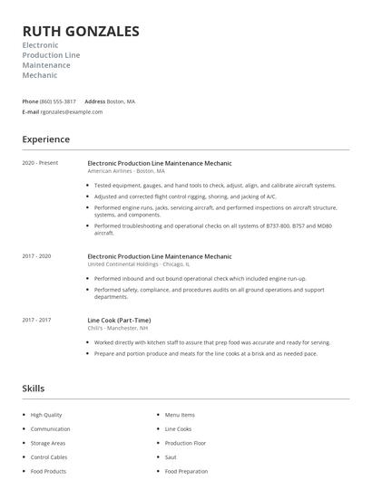Electronic Production Line Maintenance Mechanic Resume
