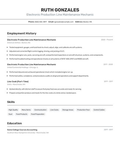 Electronic Production Line Maintenance Mechanic Resume