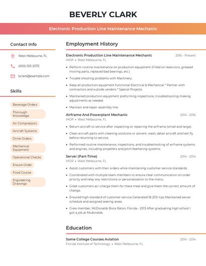 Electronic Production Line Maintenance Mechanic Resume