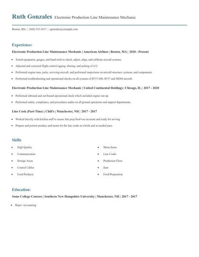 Electronic Production Line Maintenance Mechanic Resume