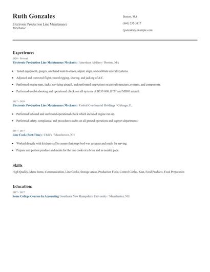 Electronic Production Line Maintenance Mechanic Resume