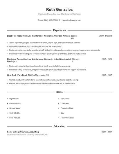 Electronic Production Line Maintenance Mechanic Resume