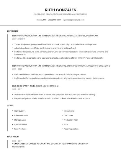 Electronic Production Line Maintenance Mechanic Resume