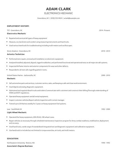 Electronics Mechanic Resume