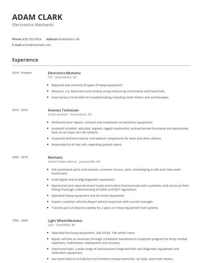 Electronics Mechanic Resume