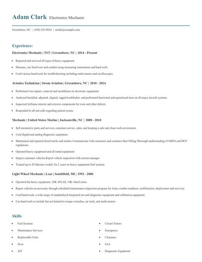 Electronics Mechanic Resume