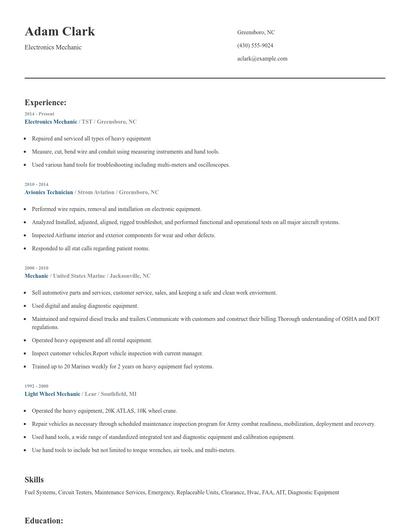 Electronics Mechanic Resume