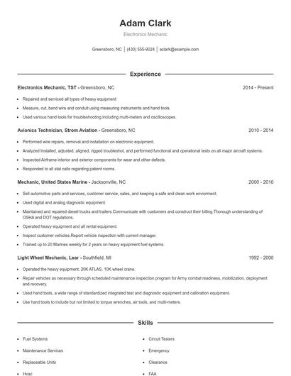 Electronics Mechanic Resume