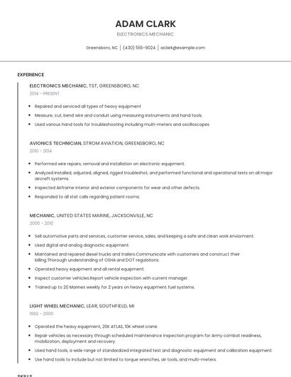 Electronics Mechanic Resume