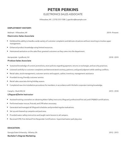 Electronics Sales Associate Resume