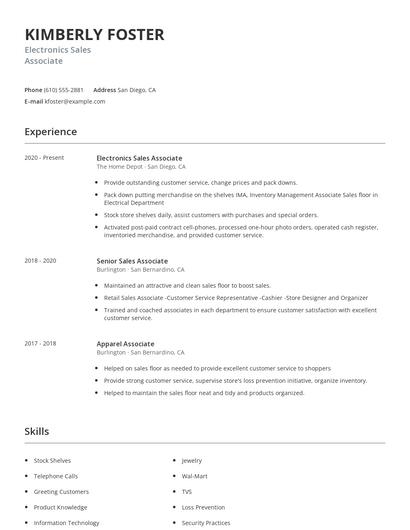 Electronics Sales Associate Resume