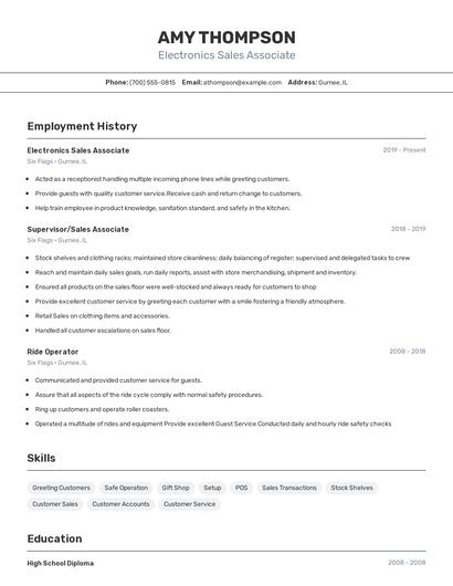 Electronics Sales Associate Resume