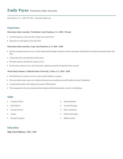 Electronics Sales Associate Resume