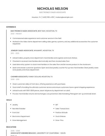 Electronics Sales Associate Resume