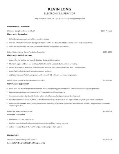 Electronics Supervisor Resume
